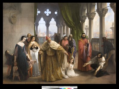 追放される前のヤコポフォスカリと彼の家族の間の最後の会議、1838-40 作： Francesco Hayez