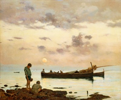 漁船と少年のいるマリーナ、Francesco Lojacono (1838-1915) 作、キャンバスに油彩、64x77 cm 作： Francesco Lojacono