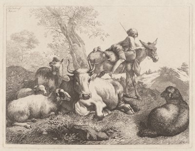 動物の群れを見守るロバに乗った少年、1763年。 作： Francesco Londonio
