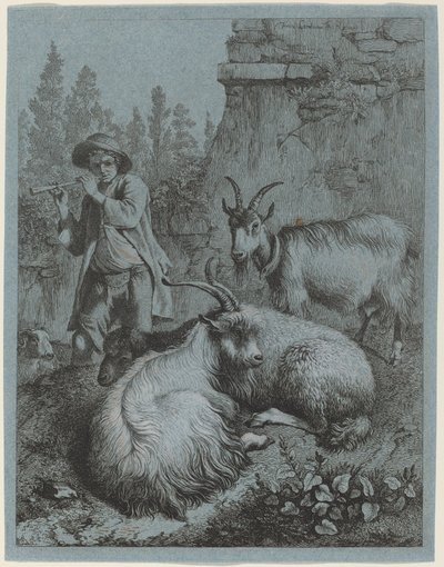 4 匹のヤギへの Goatherd パイピング 作： Francesco Londonio