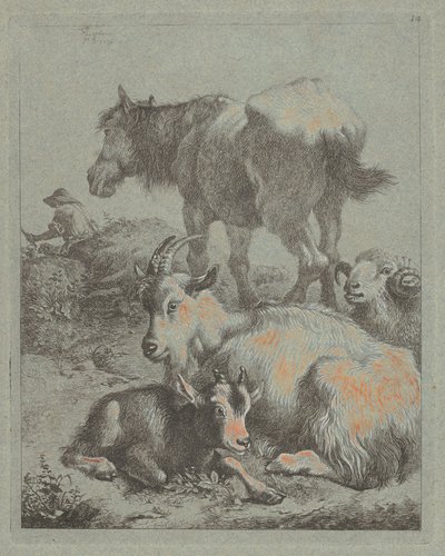 馬、雄羊、子供を連れた山羊、遠くには群れを連れた羊飼い 1759年 作： Francesco Londonio