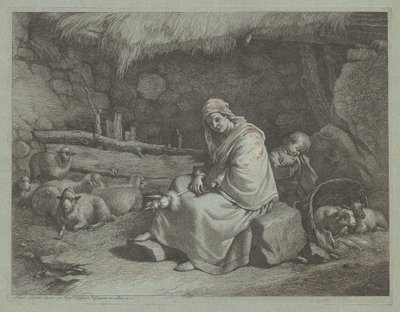 座っている紡績工と眠っている子供と厩舎の内部 作： Francesco Londonio