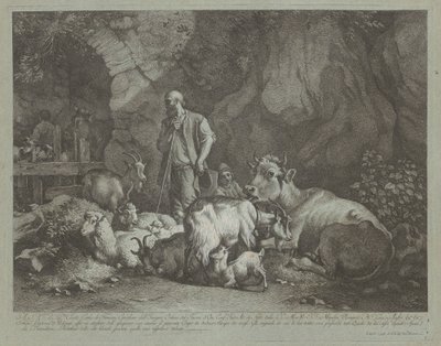 1766年以降の年老いた頭の禿げた羊飼い、座っている羊飼いの少年と群れ。 作： Francesco Londonio