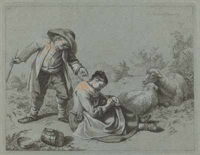 眠っている少女を小枝でからかう農民、1763年。 作： Francesco Londonio