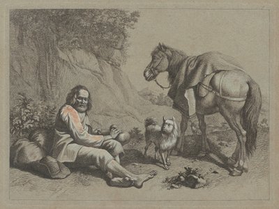 ひょうたんから飲もうとしている座っている老人、c。 1763年。 作： Francesco Londonio