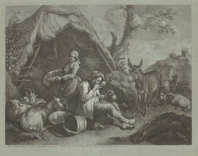 卵の入ったバスケットを持った座っている老人と女性、17591782。 作： Francesco Londonio