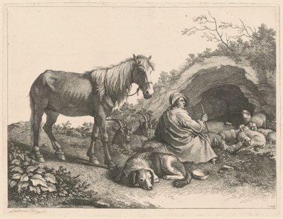 馬、犬、ヤギ、羊を連れた座った羊飼い、1776年以降。 作： Francesco Londonio