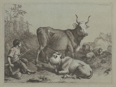 雄牛と雄牛と一緒に座っている羊飼い、1763年。 作： Francesco Londonio