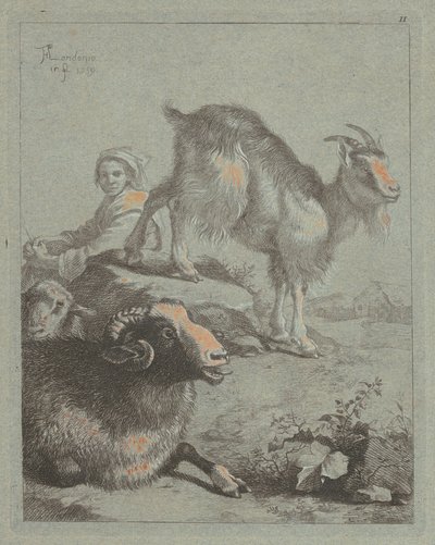 座っている羊飼い、雄羊、羊、ヤギ、1759 年。 作： Francesco Londonio