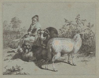 3頭の雄羊と座っている羊飼い、1762年。 作： Francesco Londonio