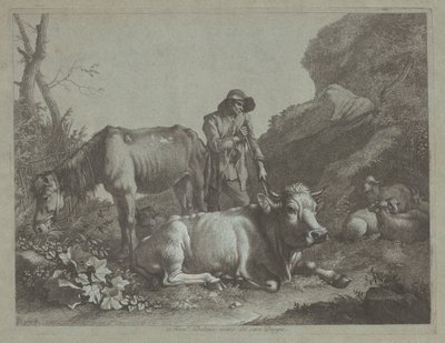 1767年以降、古い馬とリクライニングする雄牛と一緒にステッキで休む羊飼い。 作： Francesco Londonio