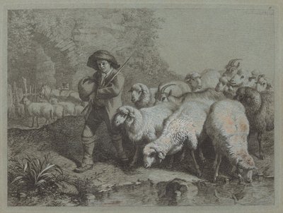 袋を持った羊飼いが群れを駆り立てる様子（1763年 作： Francesco Londonio