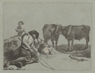 眠る羊飼い、2 頭の子牛、農民の女性 作： Francesco Londonio