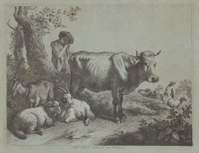 立っている牛と羊飼いの少年、1760 年代。 作： Francesco Londonio