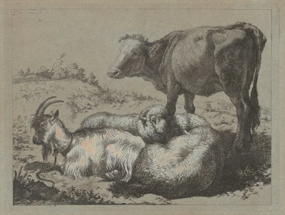 立っている牛、2頭の羊、1頭のヤギ、c。 1762年。 作： Francesco Londonio