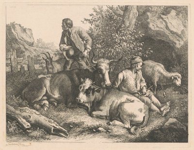 牛と子牛を連れた 2 人の羊飼い、1776 年以降。 作： Francesco Londonio