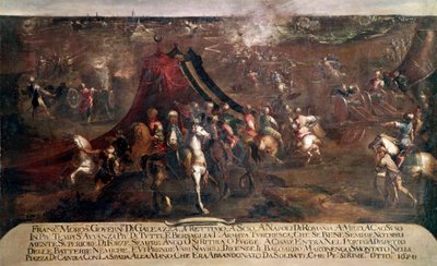 カンディア（クレタ島）の戦争。"battle between the Venetian fleet of Francesco Morosini (1619-1694) and the Turkish fleet fleeing in 1650" (クレタ島戦争(1645-69)：1650年のヴェネツィア艦隊とトルコ艦隊の戦い)フランチェスコ・モンティ・ディット・イル・ブレスチャーニの絵 作： Francesco Monti