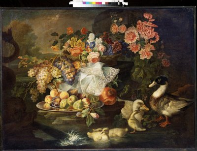 花とアヒルのある静物。 果物とアヒルのある静物。 Francesco Morosini (18 世紀半ば) による絵画。 キャンバスに油彩。 イタリアの芸術、バロック様式。 Mikhail Kroshitsky Art Museum、セヴァストポリ (セヴァストポリ) ウクライナ 作： Francesco Morosini
