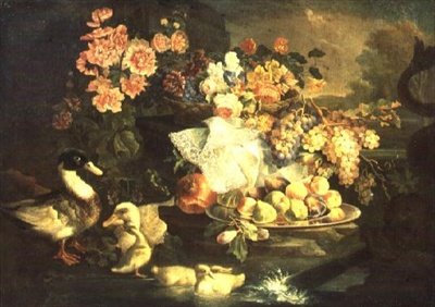 アヒル、ドレイク、アヒルの子のいる果物と花の静物 作： Francesco Morosini