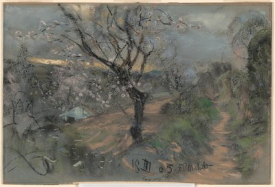 曇り空の下、桜が咲く山道 作： Francesco Paolo Michetti