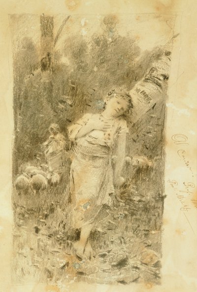フランチェスコ パオロ ミケッティ (1851-1929) の羊飼いの絵。 作： Francesco Paolo Michetti