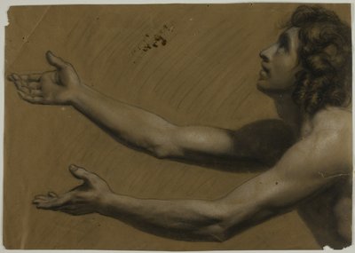 両手を広げて上を見上げる若い男性（レクト）、鏡を持つ女性（裏面） 作： Francesco Podesti