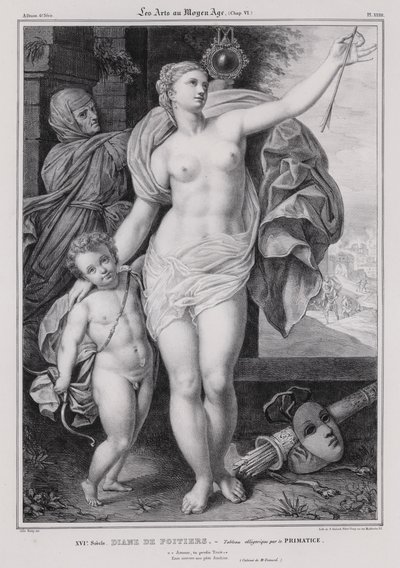 フランス王アンリ2世の愛人、ダイアン・ド・ポワチエのアレゴリー画（リトグラフ 作： Francesco Primaticcio