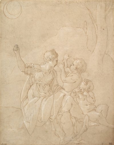 古典的な女性像ダイアナまたはヴィーナスと 2 人の幼児、ca. 1539-42。 作： Francesco Primaticcio