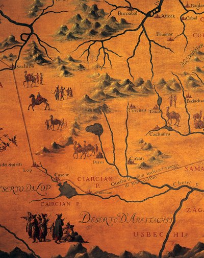 マルコポーロが東の砂漠を横断したルートの詳細、タルタルの地図 作： Francesco and Ramusio Giovan Battista Grisellini
