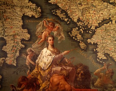 ジャンバッティスタ・ラムシオ（1485-1557）とフランチェスコ・グリッセリーニ（1717-1787）による《地中海の女王ヴェネツィア》、ヴェネツィア、ドージェの宮殿の「地図の間」または「スクードの間」（ユネスコ世界遺産登録 作： Francesco and Ramusio Giovan Battista Grisellini