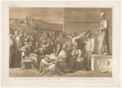 Allegorische verheerlijking van de boekdrukker Giovanni Battista Bodoni このパラジウムの天才、タイプの素晴らしい芸術/有名なボドーニは、あなたに名誉を与えます（オブジェクトのタイトル） 作： Francesco Rosaspina