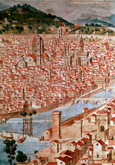 Pianta della Catena フィレンツェ市の地図の詳細。地図の枠が鎖の形をしていることから「カテナ」と呼ばれる。フランチェスコ・ディ・ロレンツォ・ロッセリ（1448-1513）が1490年に実現した。フィレンツェ、Museo Firenze com 