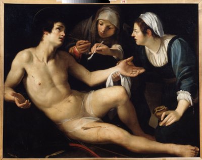 Saint Sebastian（聖セバスチャン）。 彼は若い未亡人、セント・アイリーンによって傷から世話をされています。 Francesco Rustici (1575-1626 年頃) による絵画。 キャンバスに油彩、119 x 148 cm。 イタリアのマニエリスム、シエナの芸術。 国立美術館、エカテリンブルグ。 作： Francesco Rustici