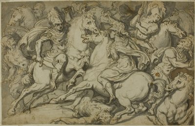 騎兵隊の小競り合い（レクト）、ひざまずくエコルシェ（裏面） 作： Francesco Salviati