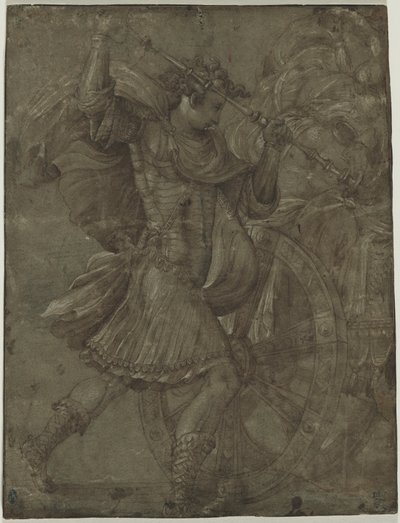 チャリオットの横の鎧を着た男c。 1550。 作： Francesco de Rossi Salviati Cecchino