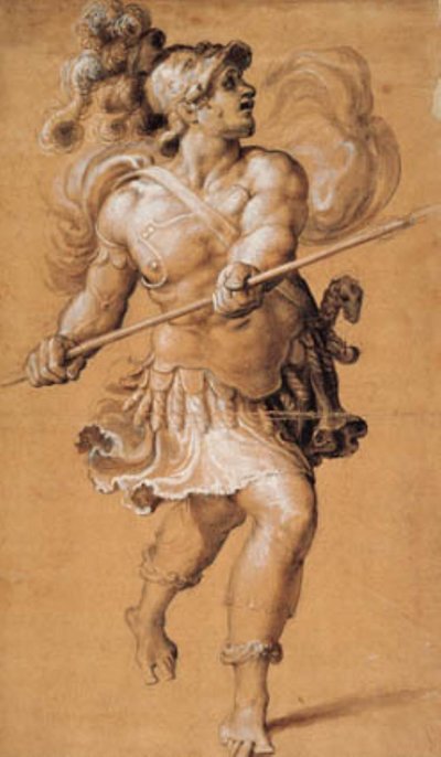 槍を持って走るローマ兵 作： Francesco Salviati