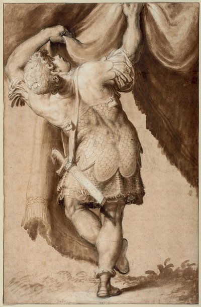 後ろから見た若き戦士、カーテンを開ける 作： Francesco Salviati
