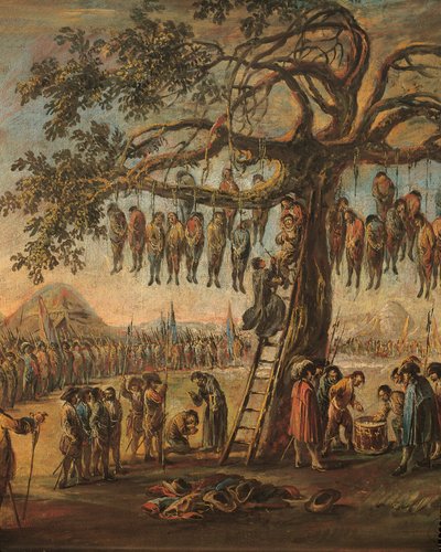フランチェスコ・シモニーニによる「戦争の悲惨さ: 絞首刑にされた人々」、詳細 作： Francesco Simonini