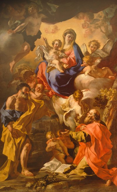 フランチェスコ・ソリメーナ（1657-1747）の「聖ペテロと聖パウロの間の聖母子」。 作： Francesco Solimena