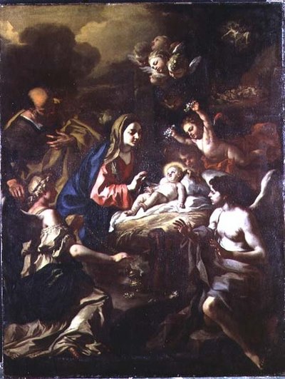 天使を抱く降誕祭と羊飼いへの受胎告知 作： Francesco Solimena