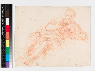 1747年以前にパイプを吹く羊飼い（紙に赤いチョーク） 作： Francesco Solimena