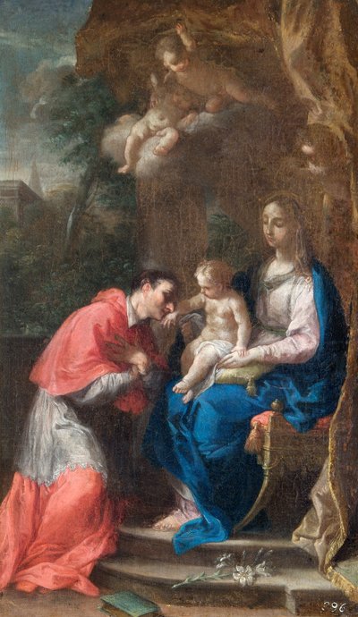 The Virgin And Child With St Carlo Borromeo, late 17th century (oil on canvas)   1457853   ja       japanese Successfully Translated  Original: Paris, the New Bridge, work; Paris, le Pont Neuf, travaux Translat: Paris, the New Bridge, work; Paris, le Pont  作： Francesco Trevisani