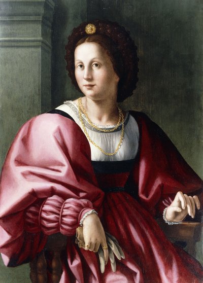 4分の3の長さの女性の肖像画、手袋をはめて 作： Francesco Ubertini Bacchiacca