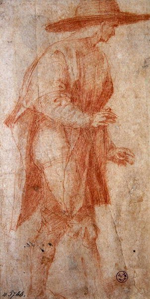 帽子をかぶった農民（紙に赤チョーク 作： Francesco Ubertini Il Bacchiacca