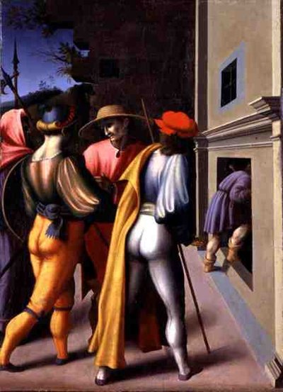 ジュゼッペ・エブレオの物語」より「兄弟の逮捕」（パネルにテンペラ 作： Francesco Ubertini Verdi Bachiacca