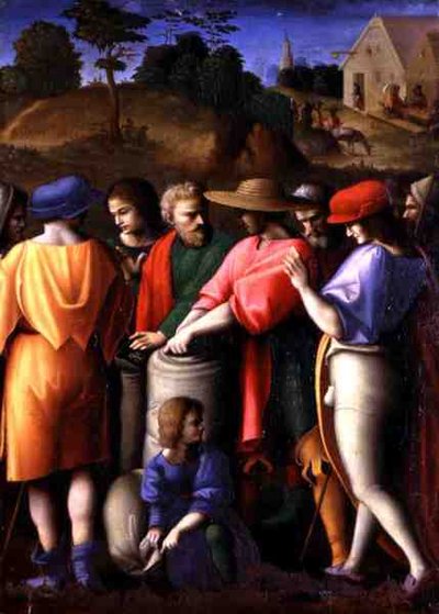 ジュゼッペ・エブレオの物語」より「盗まれた杯を探す」（パネルにテンペラ 作： Francesco Ubertini Verdi Bachiacca