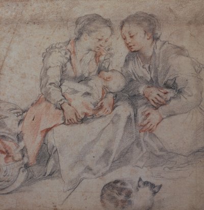 2 人の女性と赤ちゃんと猫 (チョーク) 作： Francesco Vanni