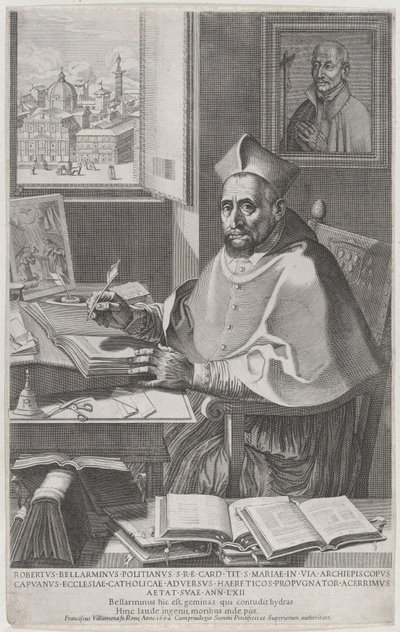 ロベルト・ベッラルミーノ枢機卿が机に向かって書き物をしている、1604 年。 作： Francesco Villamena