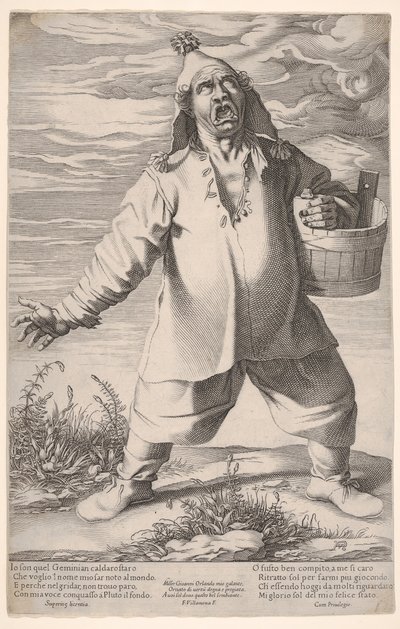 ジェミニアーノカルダロスタロが叫び、浴槽を抱え、帽子をタッセルしました。 1597-1601。 作： Francesco Villamena