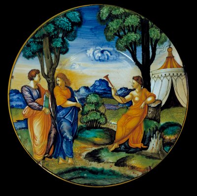 フランチェスコ・ザント・アヴェリ（1530/1540年頃活躍）が製作したパルナッソスを表現したファイアンスの皿。ウルビーノにて制作。1530.パリ、ルーヴル美術館 作： Francesco Xanto Avelli